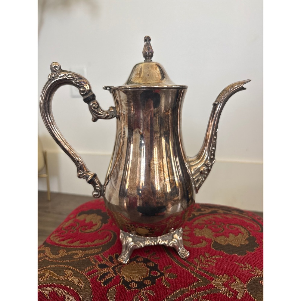 Vintage 1960's Silver Plated Coffee Pot Ornate Footed Tea Pot Tall Patina